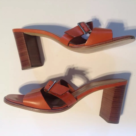 Tommy Hilfiger Orange Leather Slides Wooden Heels - Picture 1 of 8